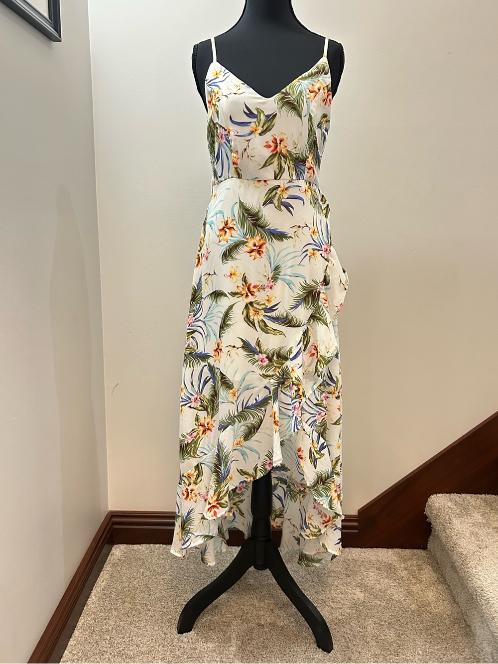 Mi Ami Maddyx Tropical Floral High Low Dress Small White Hawaiian